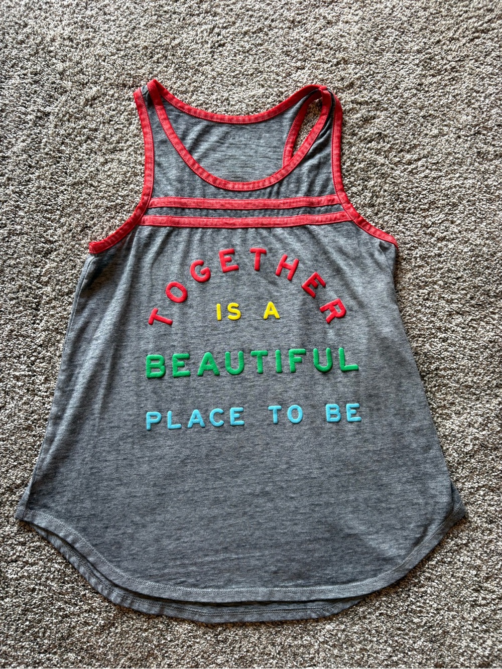 Zoe + Liv Gray Tank with Red Trim and Multicolor Lettering - Picture 1 of 3